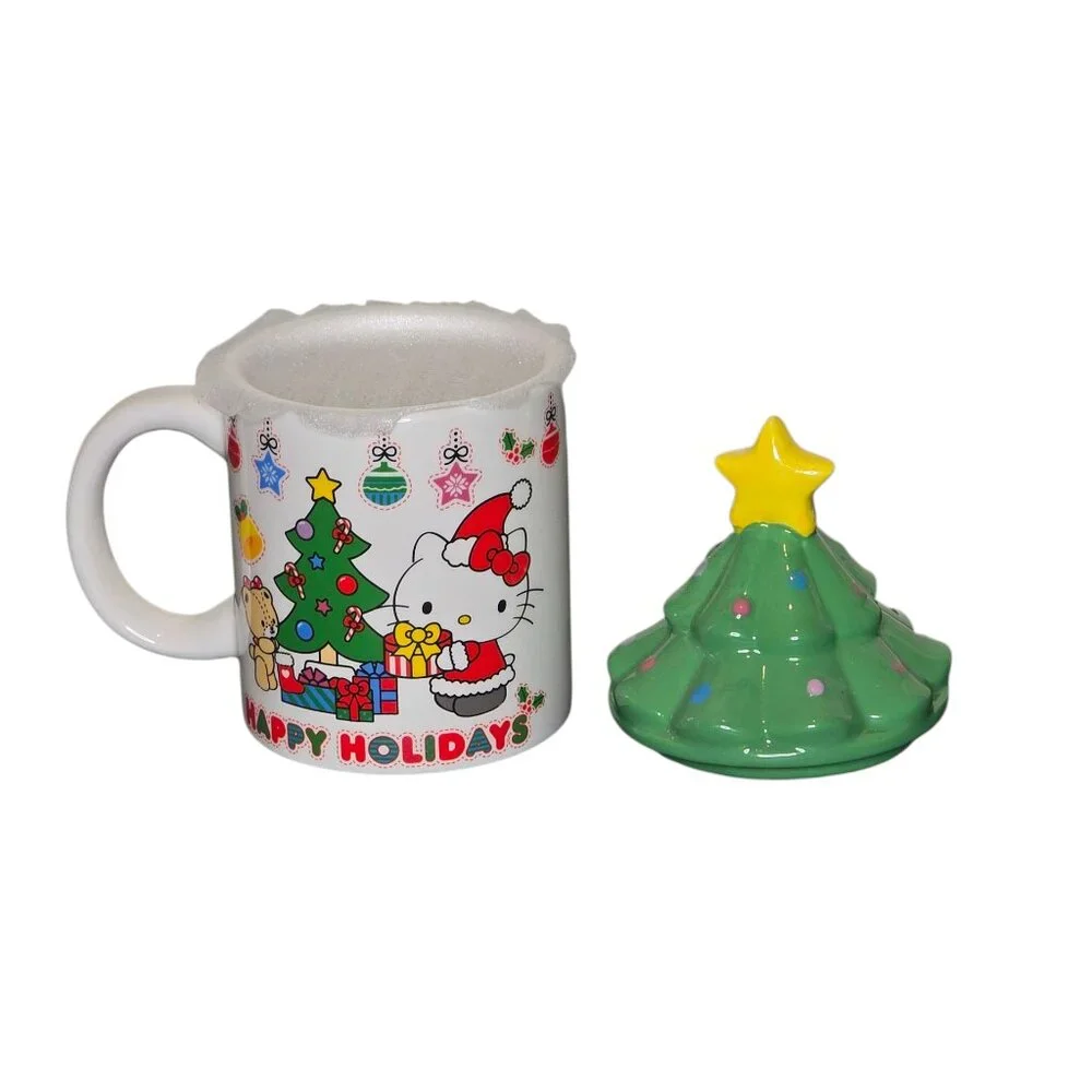 Hello Kitty Christmas Mug Tree Lid Happy Holidays Sanrio Ceramic Cup Kawaii